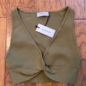 Babaton Olive Green Twist Front Crop Top
